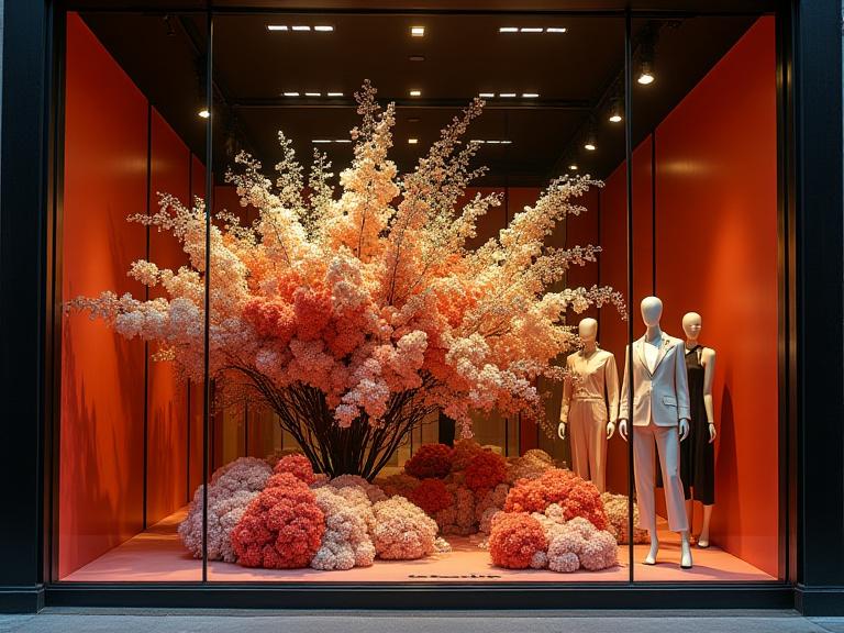 Allestimento floreale per la vetrina di un negozio di lusso.